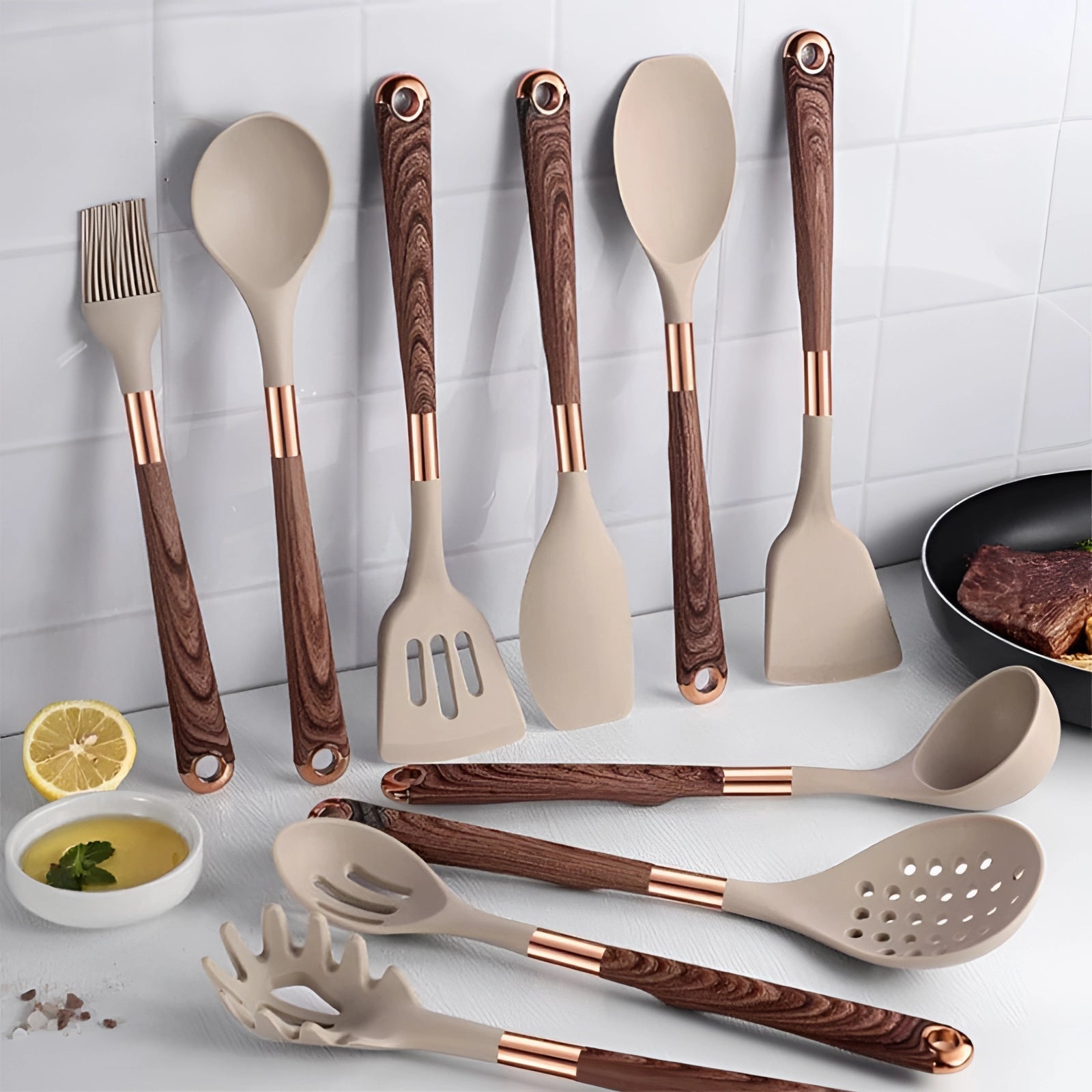 Essential Kitchen Tool Set with Silicone & Wood Handles - Glamry