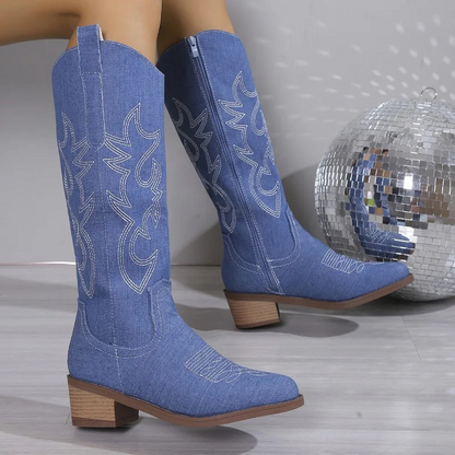 Blue Women's Western Embroidered Ankle Boots with Low Heel - Glamry