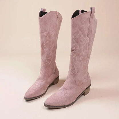 Fashionable Suede Ankle Boots with Embroidery and Low Heel