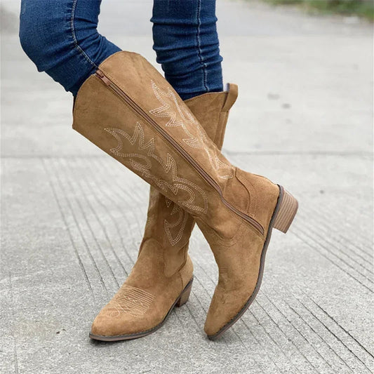 Fashionable Suede Ankle Boots with Embroidery and Low Heel - Glamry