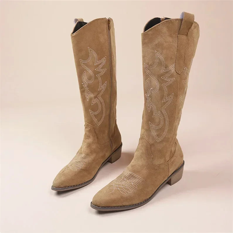 Fashionable Suede Ankle Boots with Embroidery and Low Heel