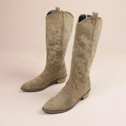 Fashionable Suede Ankle Boots with Embroidery and Low Heel