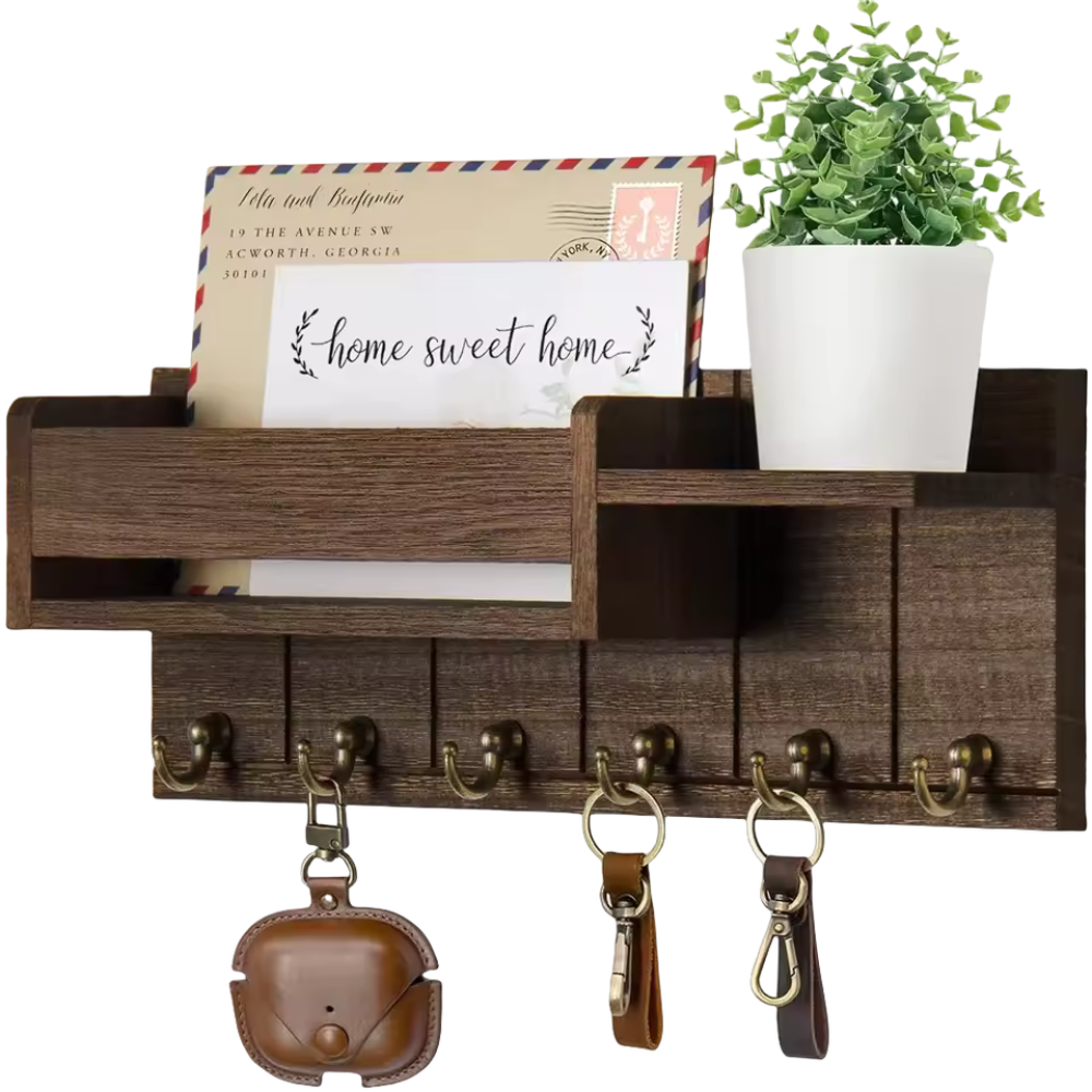 Rustic Wooden Storage Shelf with Hooks and Cubbies - Glamry