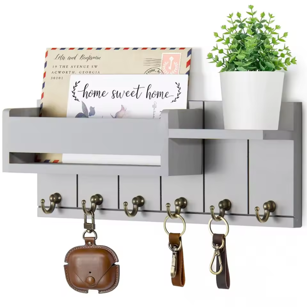 Rustic Wooden Storage Shelf with Hooks and Cubbies