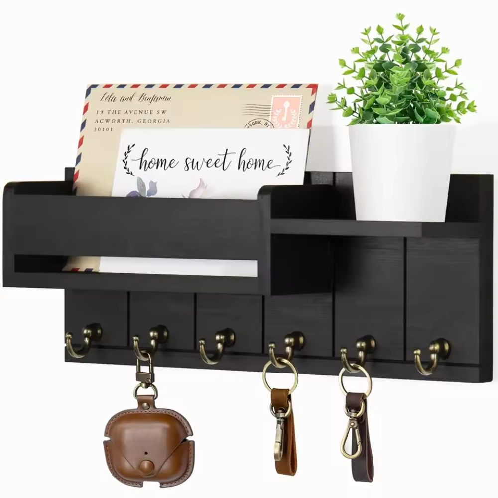 Rustic Wooden Storage Shelf with Hooks and Cubbies