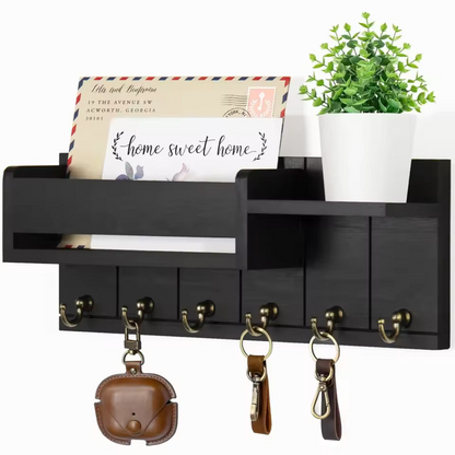 Rustic Wooden Storage Shelf with Hooks and Cubbies