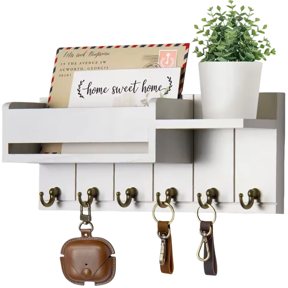 Rustic Wooden Storage Shelf with Hooks and Cubbies