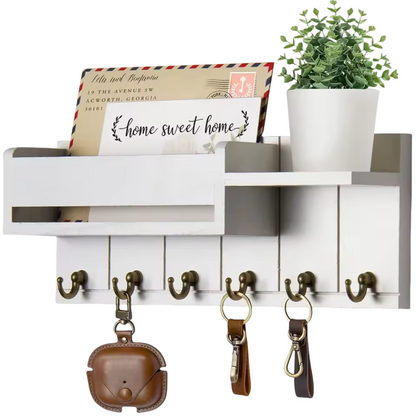 Rustic Wooden Storage Shelf with Hooks and Cubbies